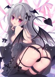 ass ass_cleavage bangs black_jacket black_legwear black_panties black_wings bow breasts brown_wings butt_crack chestnut_mouth commentary_request demon_girl demon_tail demon_wings eyebrows_visible_through_hair feet_out_of_frame female finger_to_mouth frilled_panties frills grey_hair hair_between_eyes hair_censor hair_over_breasts hand_up hasune highres jacket long_hair medium_breasts oerba_yun_fang off_shoulder open_mouth original panties plushie polka_dot red_bow red_eyes revision sleeves_past_fingers sleeves_past_wrists solo stuffed_animal stuffed_cat stuffed_toy tail thighhighs transparent_wings two_side_up underwear very_long_hair wings