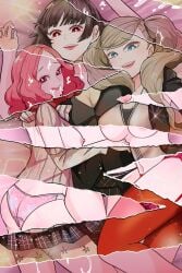 3girls ann_takamaki areola_slip areolae atlus clothed cum cum_on_face female haru_okumura human legwear makoto_niijima multiple_girls navel nipples osusowake panties persona persona_5 shin_megami_tensei skirt sweater thighs x-ray