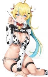 1girls bangs bikini blonde_hair blue_eyes blue_hair blunt_bangs blush breasts cleavage cow_ears cow_girl cow_horns cow_print cowbell female female_only high_resolution highres horns laibaht large_breasts light-skinned_female light_skin manyvproject plain_background shiny_skin side-tie_bikini sidelocks simple_background smile solo streaked_hair two_tone_hair virtual_youtuber white_background yakimi_27 year_of_the_ox