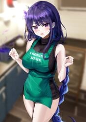 1girls absurd_res adamant369 apron breasts cooking embarrassed female female_only genshin_impact hanasaka_houcha hi_res large_breasts long_hair purple_eyes purple_hair raiden_shogun solo thick_thighs thighs