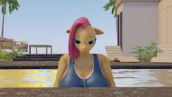 1girls 3d animated anthro big_breasts breasts bursting_breasts essentiallypony fluttershy_(mlp) friendship_is_magic furry giantess hair_on_head hasbro moreuselesssource moreuselesssource_(artist) my_little_pony pool swimsuit tagme unzipped video wet yellow_fur