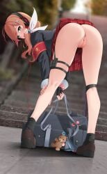 1girls absurdres anus armband ass bag bent_over black_gloves black_legwear blurry blurry_background bottomless bottomless_skirt brown_footwear brown_hair cleft_of_venus commission dutch_angle female fingerless_gloves from_behind girls'_frontline gloves green_eyes headphones highres howa_type_89_(girls'_frontline) long_hair long_sleeves looking_at_viewer looking_back no_panties open_mouth outdoors presenting_anus presenting_pussy pussy red_skirt school_bag shoes skirt smile socks solo standing uncensored z.taiga