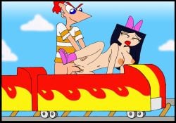 female ferozyraptor isabella_garcia-shapiro phineas_and_ferb phineas_flynn ribbon roller_coaster sex spread_legs standing_sex tongue_out