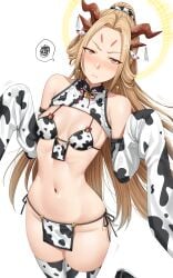 1girls anger_vein angry annoyed belly_button bikini blonde_hair blush breasts clothed clothing cow_print cow_print_armwear cow_print_stockings detached_sleeves dragon_girl dragon_horns fake_animal_ears fake_cow_ears female female_only halo hi_res high_resolution highres horn_ornament horns indie_virtual_youtuber light-skinned_female light_skin medium_breasts neuatong nose_blush plain_background shiny_skin side-tie_bikini sidelocks simple_background skimpy_clothes solo spoken_squiggle stockings virtual_youtuber vtory white_background yakimi_27 year_of_the_ox yellow_eyes