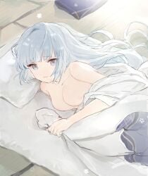 1girls aqua_eyes aqua_hair areolae bare_shoulders big_breasts blanket blanket_grab breasts completely_nude cute dal-gi eyelashes female female_only genshin_impact highres kamisato_ayaka light-skinned_female long_hair looking_at_viewer lying lying_on_bed medium_breasts naked nipples nude on_floor pillow pov pov_eye_contact smile solo wholesome