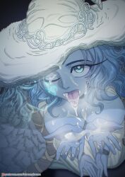 1girls 4_arms blue_eyes blue_hair blue_skin breasts cum cum_in_mouth cum_inside cum_on_face cumshot elden_ring female fromsoftware medium_breasts multi_arm multi_face multi_limb ranni_the_witch strongbana tongue tongue_out witch_hat