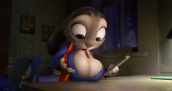 accurate_art_style anthro big_breasts breast_rest breasts cleavage clothed clothing disney edit female holding_object judy_hopps lagomorph large_breasts leporid mammal phone rabbit screencap screenshot_edit solo tagme venjiiart zootopia