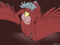 anthro avian beak breasts feathered_wings feathers female halcy0n hi_res looking_at_viewer nipples nude red_body red_feathers simple_background smile solo wings