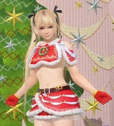 1girls 3d almost_naked artist_request belly blonde_hair blue_eyes bow christmas christmas_outfit clothed clothing cute_girl dead_or_alive female gloves hair_ribbon long_hair looking_at_viewer marie_rose noel_aux_fraises petite skirt solo twintails