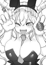 bunnysuit cool-kyou_shinja huge_breasts kobayashi miss_kobayashi's_dragon_maid monochrome monster_girl tohru_(dragon_maid)