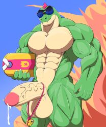 anatake anthro bara barazoku big_balls big_penis brawl_stars buzz_(brawl_stars) cum dinosaur hi_res holding holding_object humanoid_penis hyper_balls hyper_penis lifeguard looking_at_viewer male male_focus male_only muscles muscular muscular_male non-human penis simple_background sunglasses tagme