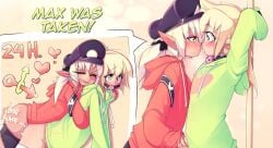 1boy 1futa anal bent_over big_ass blonde_hair bondage bottomless clothed clothing cum cum_inside dialogue duo elf femboy futa_on_male futanari gag gagged girly green_eyes hat heart hoodie hoodie_(artist) humanoid light-skinned_futanari light-skinned_male light_skin male max_(hoodie) pale_skin partially_clothed sex sound_effects standing sweat text