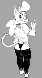 2021 anthro ass calika clothed clothing dbaru domestic_cat felid feline felis female gloves handwear hi_res looking_at_viewer looking_back mammal mighty_magiswords monochrome panties pants_down partially_clothed rear_view solo underwear