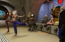 3d 4girls belly_dancer belly_dancer_outfit bib_fortuna black_hair blue_hair braided_hair brown_hair c-3po dancer dancer_outfit dancing dazinbane ewok gamorrean harem harem_girl harem_outfit harem_pants hutt indoors jabba's_palace jabba_the_hutt jess_(star_wars) laudica leg_up long_hair max_rebo medium_hair multicolored_hair princess_leia_organa return_of_the_jedi rodian slave slave_bikini slave_collar slave_leia slave_outfit slavegirl standing standing_on_one_leg star_wars sy_snootles tatooine twi'lek two_tone_hair white_hair wicket