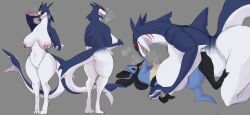 absurd_res anthro anthro_on_anthro big_breasts breasts female genitals grey_background hi_res larger_female lucario lvlirror nintendo nipple_piercing nipples nude piercing pokemon pokemon_(species) pussy sharp_teeth sharpedo simple_background size_difference teeth video_games