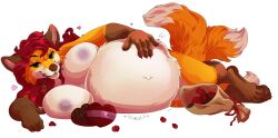 5_fingers anthro big_belly big_breasts breasts candy canid canine carissa chocolate dessert female flower food fox hi_res holidays invalid_tag large_breasts mammal multi_tail overweight plant romantic rose_(flower) serialdad solo valentine's_day vore