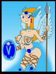 big_breasts big_nipples blue_eyes candace_flynn cosplay ferozyraptor orange_hair phineas_and_ferb shield spear wings