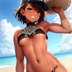 1girls ai_generated aihentai.co anything_diffusion beach belly black_clothing black_hair black_topwear breasts brown_eyes cap choker female front_view happy holding_object medium_breasts original_character sea short_hair smile smiling smiling_at_viewer solo stable_diffusion tan tank_top tanned tanned_female tanned_skin thong topwear underboob