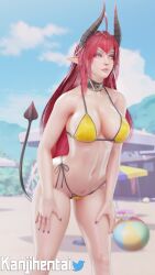 1girls 3d 3d_(artwork) big_breasts bikini bikini_bottom bikini_top busty daemon_girl demon demon_girl elf_ears female female_only kanjihentai original_character pointy_ears pubic_tattoo red_eyes red_hair ryanreos shiny shiny_skin sinia solo succubus succubus_horns succubus_tail succubus_tattoo tail wet wet_body wet_skin