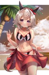 animal_ears bangs bare_arms bare_shoulders bikini blush bow cloud coconut coconut_tree commentary_request cowboy_shot curren_chan_(umamusume) emsan female female front-tie_bikini front-tie_top hairbow highres horse_ears lens_flare looking_at_viewer navel outdoors palm_tree red_bow sarong short_hair side-tie_bikini silver_hair smile solo standing stomach striped striped_bikini swimsuit thighs tree umamusume vertical-striped_bikini vertical_stripes