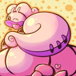 2022 anthro ass big_ass big_butt black_eyes black_shirt facesitting goodra heart jigglypuff pokémon_(species) pokemon pokemon_(species) puffylover69 thick wink