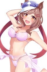 :d absurdres animal_ears arm_up bangs bare_arms bare_shoulders bikini blue_headwear blush brown_hair cabbie_hat commentary_request cowboy_shot eyebrows_visible_through_hair female female hair_ornament hairclip hat highres horse_ears looking_at_viewer matikane_tannhauser_(umamusume) navel newon open_mouth partial_commentary pink_bikini sarong short_hair smile solo stomach swimsuit umamusume yellow_eyes