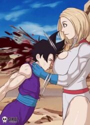 animated big_breasts black_hair blonde_hair blood brain crossover dc dc_comics death defeated dragon_ball dragon_ball_z explosion fatality gore guro head_explosion head_on_breasts hurt kara_zor-el large_breasts loop male_death no_sound power_girl saiyan sixul_world son_gohan tagme video