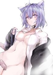 ahoge animal_ear_fluff animal_ears atoshi bangs black_collar bottomless breasts cat_ears cat_tail collar crossed_bangs dutch_angle female hair_between_eyes hololive hololive_gamers hololive_japan jacket medium_breasts navel nekomata_okayu open_clothes open_jacket open_shirt purple_eyes purple_hair short_hair solo tail tail_censor virtual_youtuber white_background