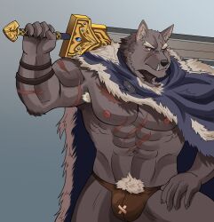 2022 5_fingers abs absurd_res anthro armband armpit_hair barazoku biceps big_bulge big_muscles blaidd_(elden_ring) body_hair bulge canid canine canis cape claws clothing elden_ring eyebrows fromsoftware fur grey_background hi_res holding_object holding_sword holding_weapon huge_muscles male male_focus male_only male_solo mammal melee_weapon muscular muscular_anthro muscular_male naikuma navel nipples obliques pecs pubes scar simple_background solo solo_male standing sword teeth thong tuft underwear video_games weapon wolf