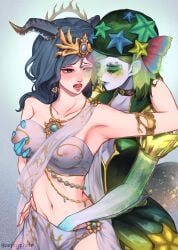 2d 2d_(artwork) 2girls areolae areolae_visible_through_clothing blue_hair blue_skin breast_grab clothed clothed_female fingering fiona_gilman from_behind green_hair hand_in_pants harem_outfit horns identity_v implied_fingering implied_masturbation multiple_girls navel nipples nipples_visible_through_clothing no_bra no_panties oofxyphxia pale-skinned_female pale_skin reach_around see-through see-through_clothing v-line vera_nair yuri