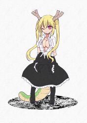 big_breasts blonde_hair cool-kyou_shinja dragon_girl horn maid miss_kobayashi's_dragon_maid no_bra open_clothes orange_eyes solo_female tail tohru_(dragon_maid)