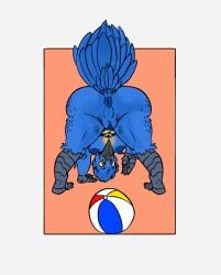 anthro ass avian ball beach_ball bent_over bird bleu_(brick_break_after_dark) blue_bird breasts feathers female genitals hi_res inflatable kentuckiyucki looking_at_viewer looking_through looking_through_legs pussy raised_tail solo tagme tail_feathers