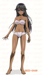 black_hair blue_eyes cleavage dark-skinned_female english_text glee-chan jungle_girl large_breasts long_hair native original original_character tanned_female tanned_skin text_background tribal underwear white_background