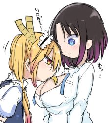 2girls big_breasts blue_eyes cool-kyou_shinja elma_(dragon_maid) gradient_hair large_breasts licking_breast maid_uniform miss_kobayashi's_dragon_maid orange_eyes tohru_(dragon_maid) white_background yellow_eyes yuri