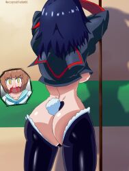 2girls acceptabledumbass big_ass big_breasts bunny_ears bunny_tail bunnysuit female_only kill_la_kill latex mankanshoku_mako matoi_ryuuko meme multiple_girls nosebleed pasties redraw reverse_bunnysuit ryukoredraw thighhighs undressing yuri