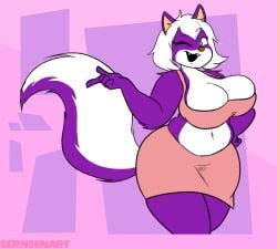 1girls big_ass big_breasts big_butt bra breasts cleavage clothed clothing female female_only fur furry furry_only looking_at_viewer melissa_mouffette mike_and_melissa purple_fur sernsenart simple_background skunk_cat skunk_tail solo tail thick thick_thighs white_hair wide_hips