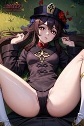 1girls ai_generated breasts brown_hair ee222_aiart female genshin_impact hu_tao_(genshin_impact) imminent_sex legs_apart lying orange_eyes small_breasts spread_legs twintails