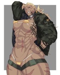 big_breasts big_hips bikini blonde_hair collar hand_on_head jacket kugara4423 muscular nipple_bulge scar scars scars_all_over sharp_teeth smiling taller_girl tattoo thick_thighs white_background