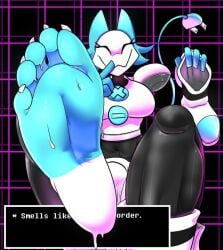 big_breasts blue_hair breasts cat_ears closed_eyes deltarune deltarune_chapter_2 english_text feet foot_fetish foot_focus nails shoe shoes_on_hands smile tail tasque_manager_(deltarune) thick_thighs thighs yellow_eyes