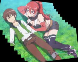 1boy 1girls ass breasts brother_and_sister brown_hair cleavage clothing elbow_gloves ikusaba_asahi ikusaba_maya isekai_one_turn_kill_neesan:_ane_douhan_no_isekai_seikatsu_hajimemashita japanese_text large_breasts midriff red_eyes red_hair screencap shorts smaller_male stitched text thighs tummy