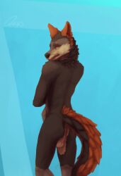 anthro anus ass backsack balls biped black_nose brown_body brown_fur canid canine canis davias00 digital_media_(artwork) digital_painting_(artwork) eyebrows fur genitals hi_res looking_at_viewer looking_back looking_back_at_viewer male mammal neck_tuft nude perineum signature simple_background solo tan_body tan_fur tuft yellow_eyes