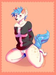 anthro blue_hair bondage bondage bound bovid caprine clitoris clothing fluffy furry genitals goat hair hi_res highlights_(coloring) hooves horn hrubutt-senpai mammal mohawk restraints rope rope_bondage rope_harness shibeari submissive sweater tail topwear