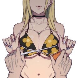 1boy bare_shoulders bikini bikini_top_only blonde_hair breast_squeeze breasts choker cleavage ear_piercing female gojou_wakana gyaru head_out_of_frame highres jewelry kitagawa_marin large_breasts long_hair measuring measuring_breasts nail_polish navel necklace onsen_tamago_(hs_egg) out_of_frame parted_lips piercing pink_lips pov pov_hands simple_background sono_bisque_doll_wa_koi_wo_suru stomach sweatdrop swimsuit tape_measure underboob upper_body veiny_hands white_background white_nails