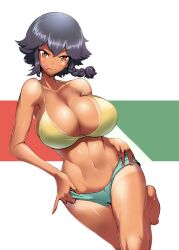 :q bangs barefoot bikini bikini_shorts bikini_tan bikini_top_only bow breasts cleavage closed_mouth dutch_angle eyebrows_visible_through_hair female flag_background girls_und_panzer green_bikini hands_on_hips huge_breasts italian_flag leg_up looking_at_viewer mismatched_bikini nail_polish naughty_face navel pepperoni_(girls_und_panzer) pink_nails sasaki_tatsuya short_hair shorts smile solo standing standing_on_one_leg swimsuit tan tanlines tongue tongue_out v-shaped_eyebrows yellow_bikini