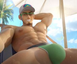 1boy appasart arm_behind_head armpit_hair beach body_hair chest_hair facial_hair glasses hand_behind_head hat human_only jockstrap kukui_(pokemon) looking_at_viewer looking_down looking_down_at_viewer low-angle_view male male_only muscular muscular_male nintendo pokemon pokemon_sm pubic_hair reclining selfie shirtless sitting smile smiling smiling_at_viewer smirk smirking smirking_at_viewer solo spread_legs underwear underwear_only