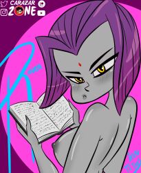 1girls book breasts carazar_zone dc dc_comics female nipples purple_hair rachel_roth raven_(dc) solo_female straight_hair teen_titans teenager