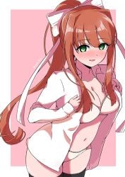 1girls bare_stomach belly_button bending_forward blush blush_lines blushing blushing_at_viewer bra doki_doki_literature_club eye_contact female female_focus female_only green_eyes hair_ribbon legwear looking_at_viewer mizumori monika_(doki_doki_literature_club) navel open_mouth open_shirt panties seductive seductive_gaze seductive_smile shirt solo standing thick_thighs thighhighs thighs undressing white_bra white_panties