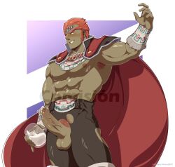 1boy balls bara big_balls big_penis boner cloak clothed clothing cum cum_in_glass edd_layerex erect_penis erection ganondorf ganondorf_(ocarina_of_time) gay green_skin male male_only muscles muscular ocarina_of_time penis solo solo_male the_legend_of_zelda