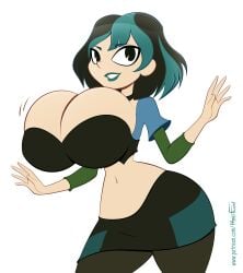 big_breasts breast_expansion breast_inflation breasts cleavage goth goth_girl gwen_(tdi) hourglass_figure huge_breasts hyperflannel leggings massive_breasts midriff miniskirt pac-man_eyes teletoon thick_thighs total_drama_island white_background wide_hips