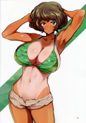 akiyama_yukari alternate_breast_size armpits arms_behind_head bangs bikini bikini_shorts bikini_top_only breasts brown_bikini brown_eyes brown_hair camouflage_bikini_top closed_mouth cowboy_shot cropped_legs eyebrows_visible_through_hair female girls_und_panzer gradient gradient_background green_bikini hands_in_hair huge_breasts looking_at_viewer messy_hair mismatched_bikini navel one-piece_tan sasaki_tatsuya short_hair shorts solo standing swimsuit tan tanlines